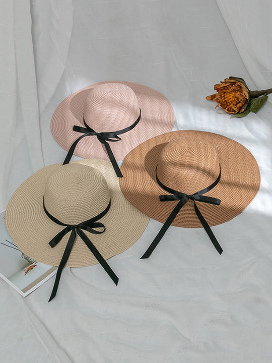 Sunscreen Solid Color Straw Bow-Knot Woven Breathable Beach Hat-Curvy-Faja