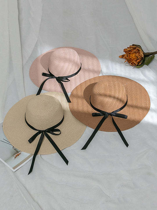 Sunscreen Solid Color Straw Bow-Knot Woven Breathable Beach Hat-Curvy-Faja