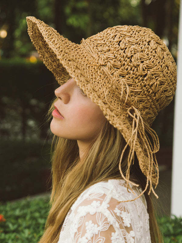 Sunscreen Solid Color Straw Woven Hollow Breathable Foldable Hat