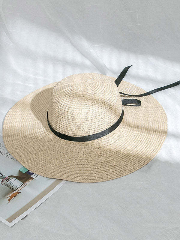 Sunscreen Solid Color Straw Bow-Knot Woven Breathable Beach Hat-Curvy-Faja
