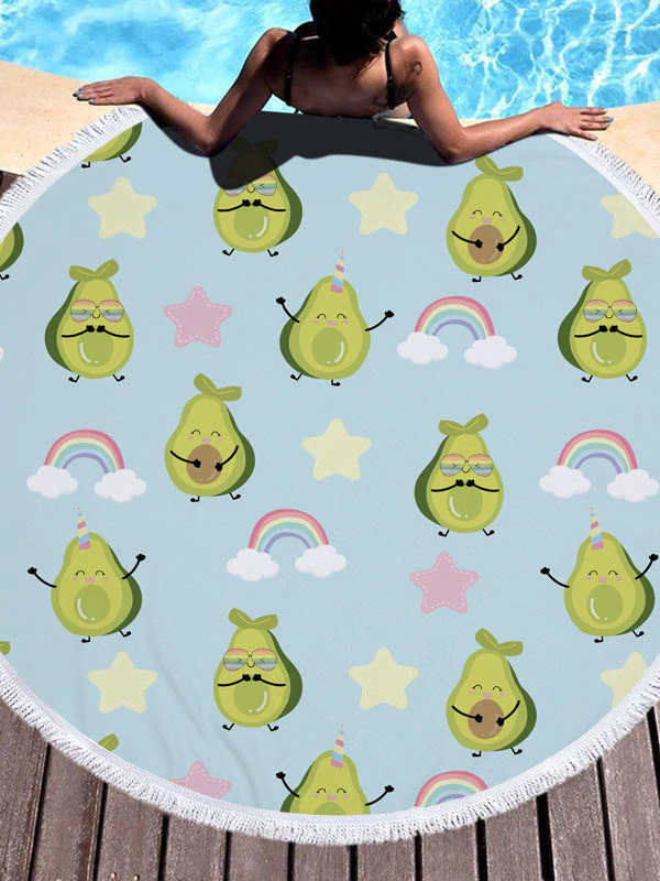 Avocado Print Round Shape Tasseled Soft Beach Mat-Curvy-Faja