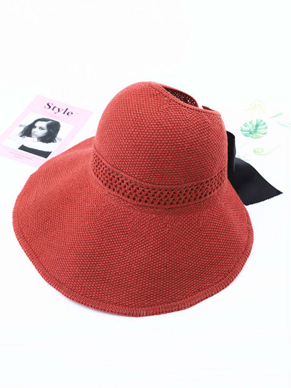 Solid Color Sunscreen Bow-Knot Straw Woven Breathable Foldable Hat-Curvy-Faja