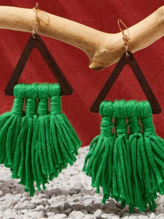 Boho Wood Braided Tassel Earrings-Curvy-Faja