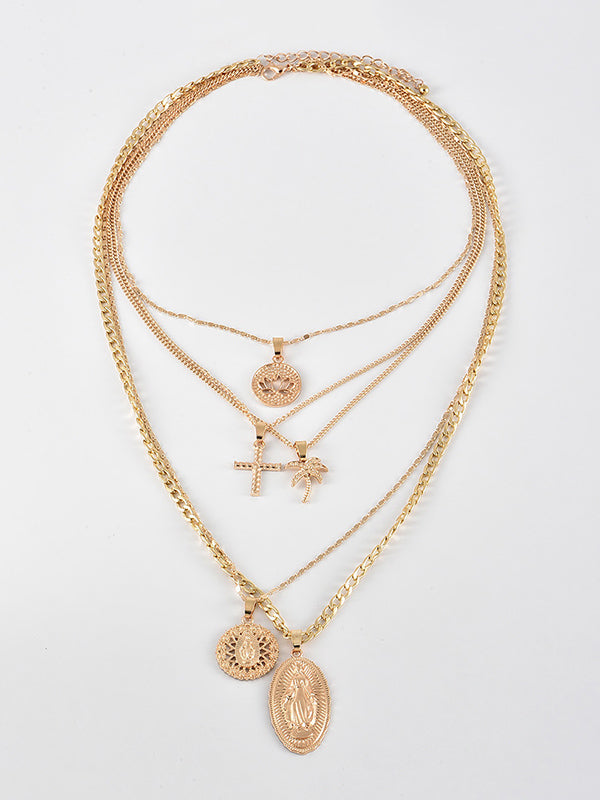 Fashion Coconut Tree Portrait Embossed Pendant Multilayer Necklace-Curvy-Faja