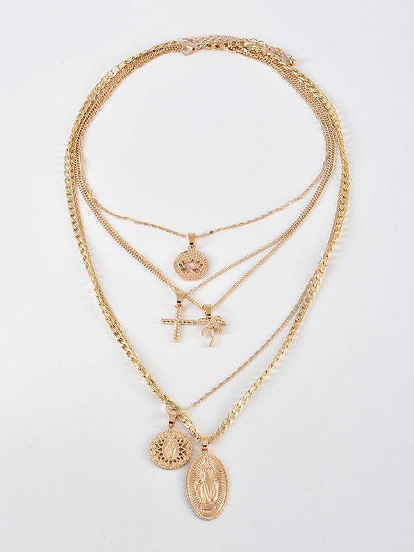 Fashion Coconut Tree Portrait Embossed Pendant Multilayer Necklace-Curvy-Faja