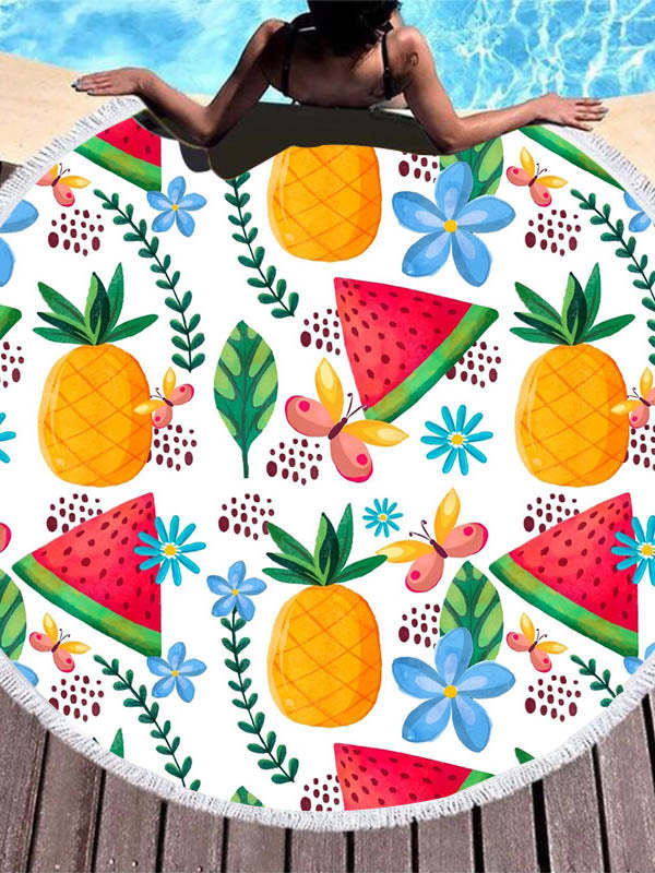 Color Fruit Print Round Shape Tasseled Soft Beach Mat-Curvy-Faja