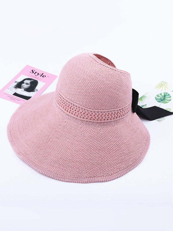 Solid Color Sunscreen Bow-Knot Straw Woven Breathable Foldable Hat-Curvy-Faja