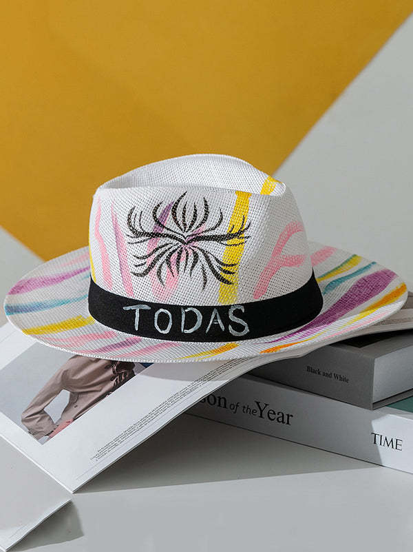 Parent-Child Lovely Straw Hand Drawn Doodle Painted Cartoon Painting Sunscreen Hat-Curvy-Faja