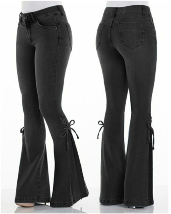Mid Rise Tie Denim Trousers Stretch Jeans Women's Flare Pants-curvy-faja