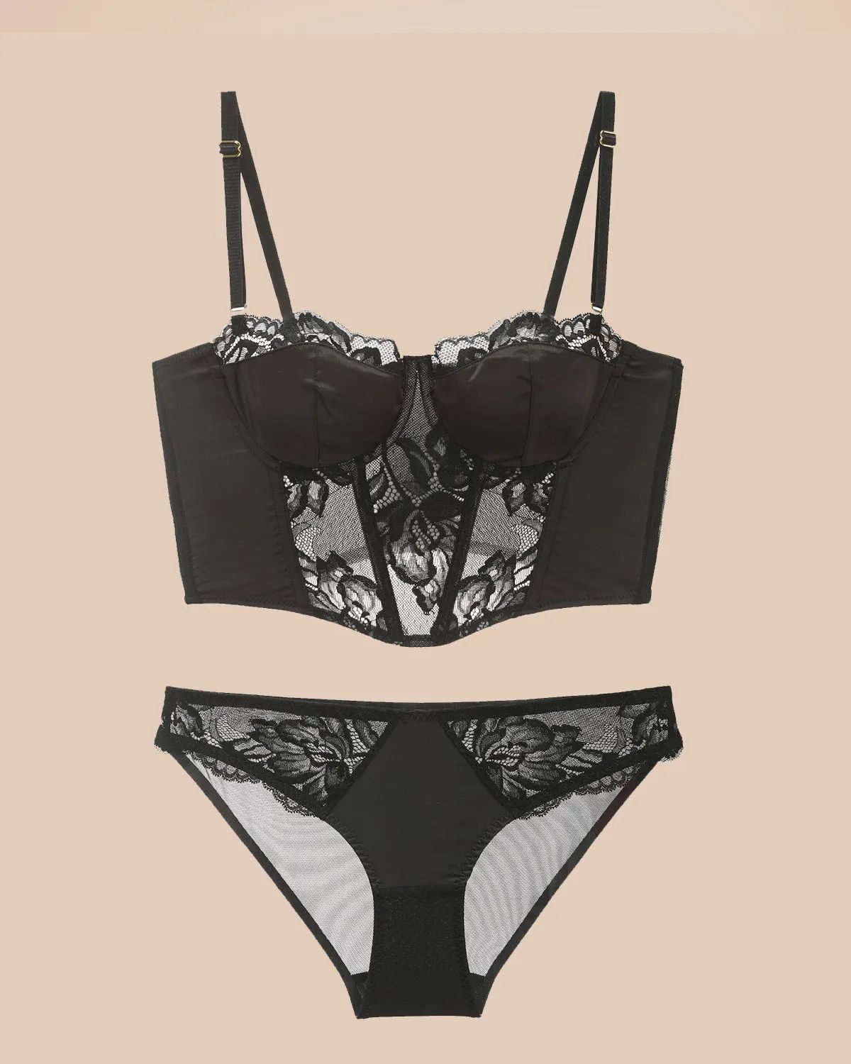 French Long Satin Lace Bra Set Underwear-curvy-faja
