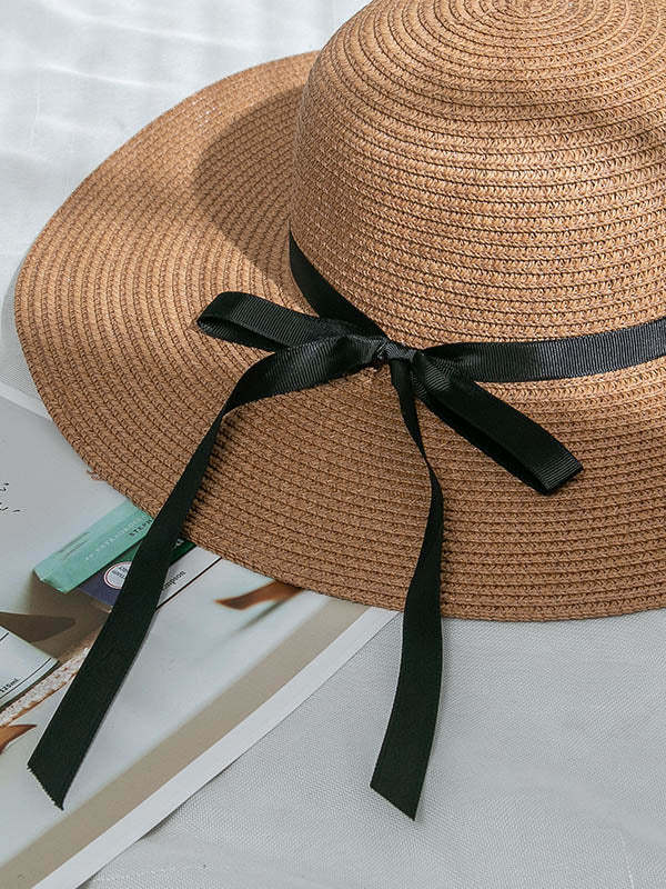 Sunscreen Solid Color Straw Bow-Knot Woven Breathable Beach Hat-Curvy-Faja