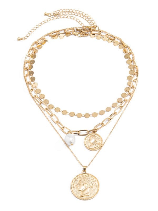 Retro Portrait Embossed Pendant Multilayer Necklace-Curvy-Faja