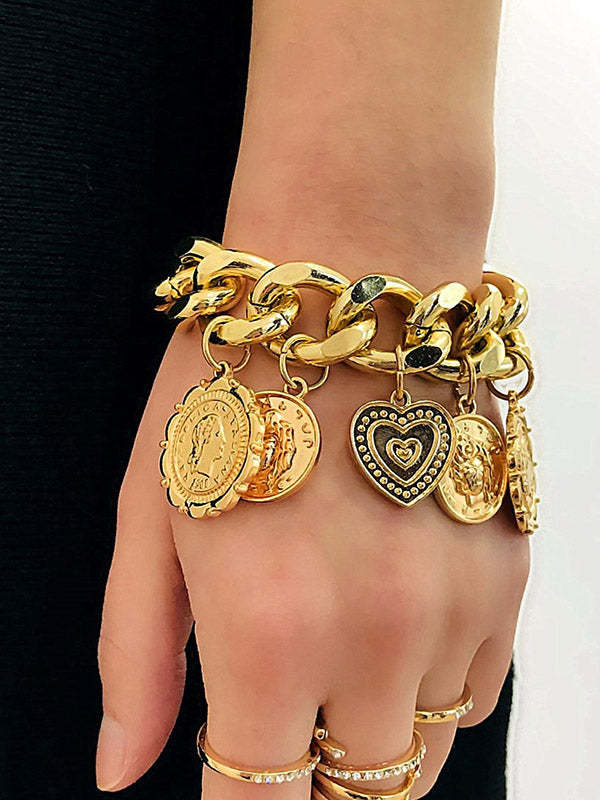 Retro Embossed Pendant Chain Geometric Punk Bracelet-Curvy-Faja