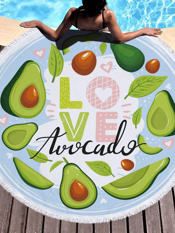 Avocado Print Round Shape Tasseled Soft Beach Mat-Curvy-Faja