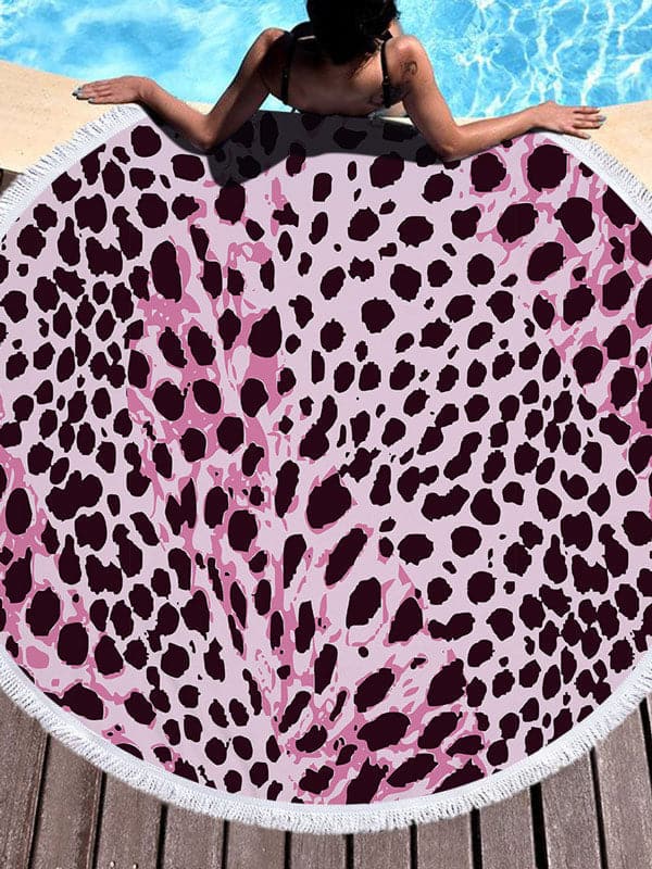 Stylish Animal Printed Round Shape Tasseled Soft Beach Mat-Curvy-Faja