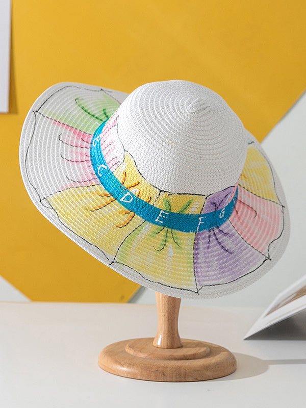Parent-Child Lovely Straw Hand Drawn Doodle Painted Cartoon Painting Sunscreen Hat-Curvy-Faja