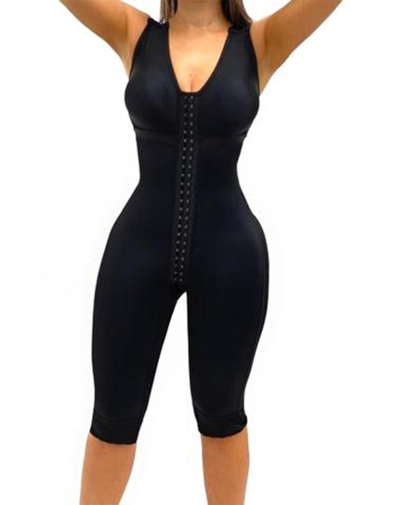 V Neck Sleeveless Knee Length Shapewear With Bra And Wide Shoulder Straps Butt-Lifting Bodysuit For Women