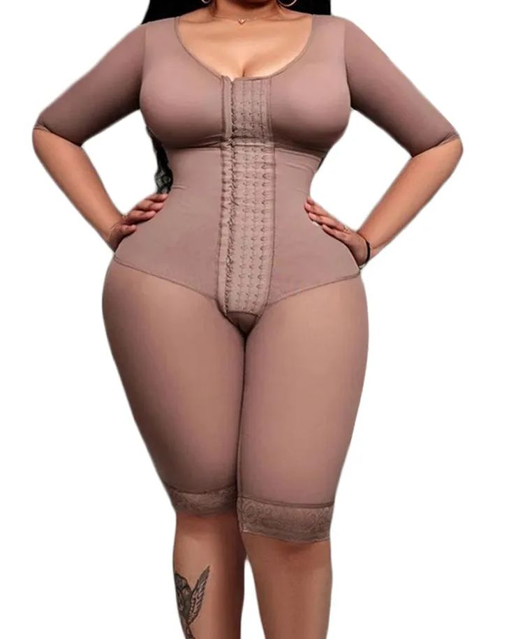 Full Body Support Arm Compression With Built In Bra Half Sleeve Mid Leg Bodysuit-Curvy-Faja