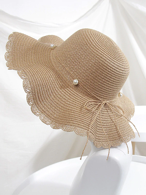 Wavy Edge Straw Woven Breathable Beaded Decorated Hat-Curvy-Faja