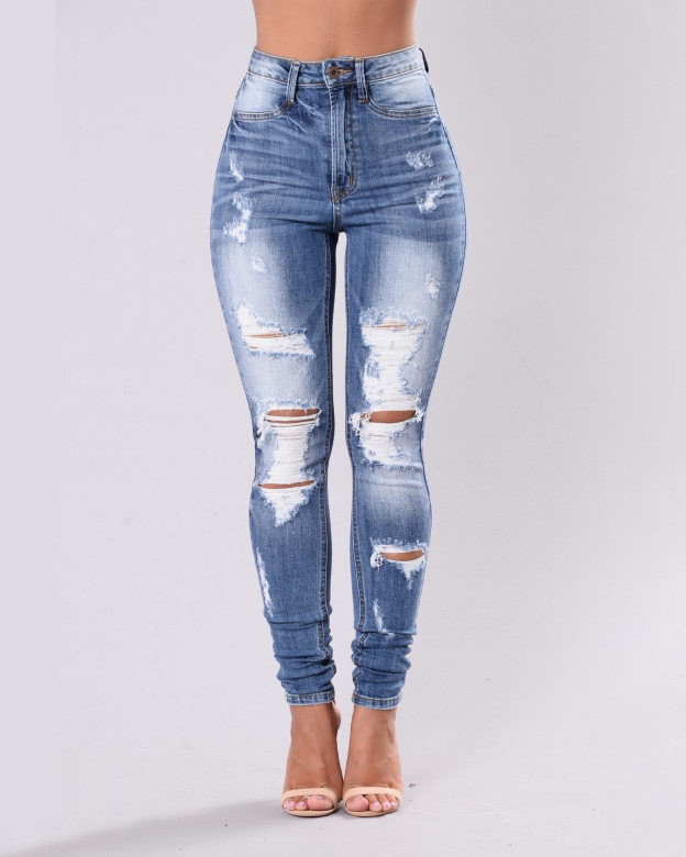 Women's Ripped Elastic Skinny Jeans-Curvy-Faja