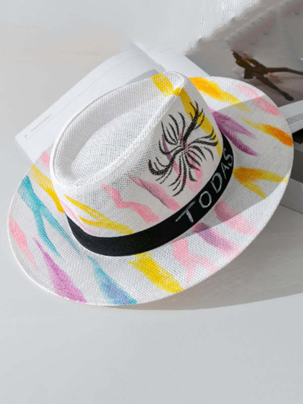 Parent-Child Lovely Straw Hand Drawn Doodle Painted Cartoon Painting Sunscreen Hat-Curvy-Faja