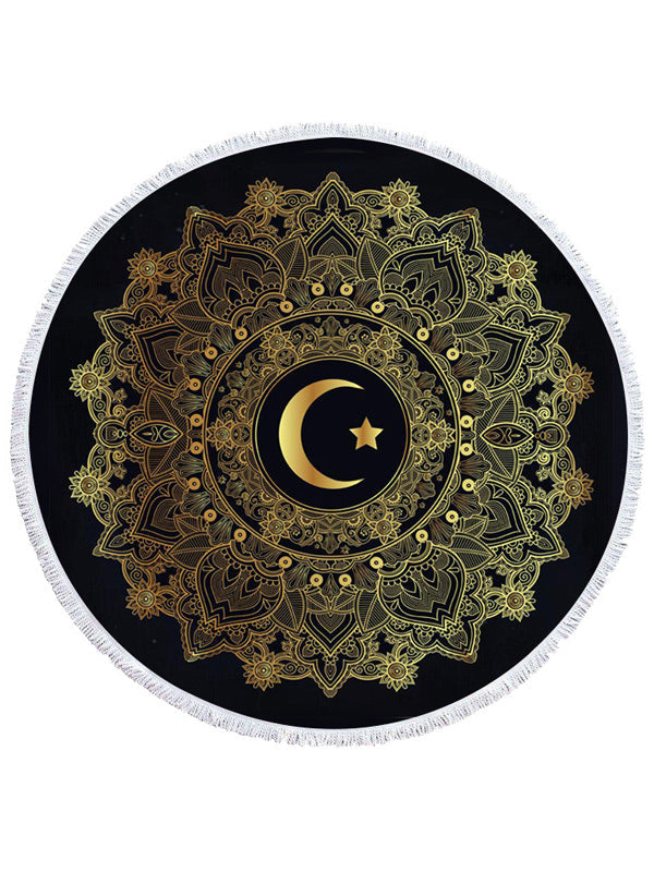 Golden Print Round Shape Tasseled Soft Beanch Mat-Curvy-Faja