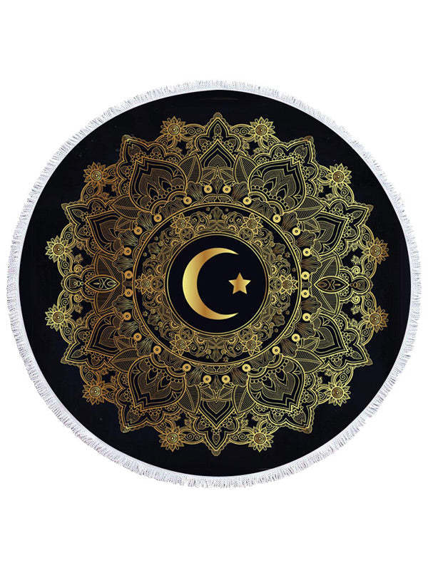 Golden Print Round Shape Tasseled Soft Beanch Mat-Curvy-Faja