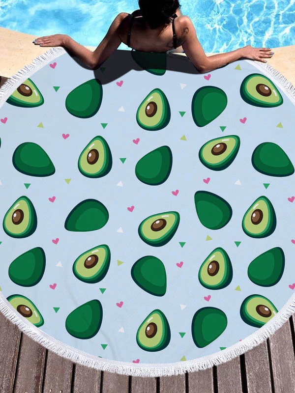 Avocado Print Round Shape Tasseled Soft Beach Mat-Curvy-Faja
