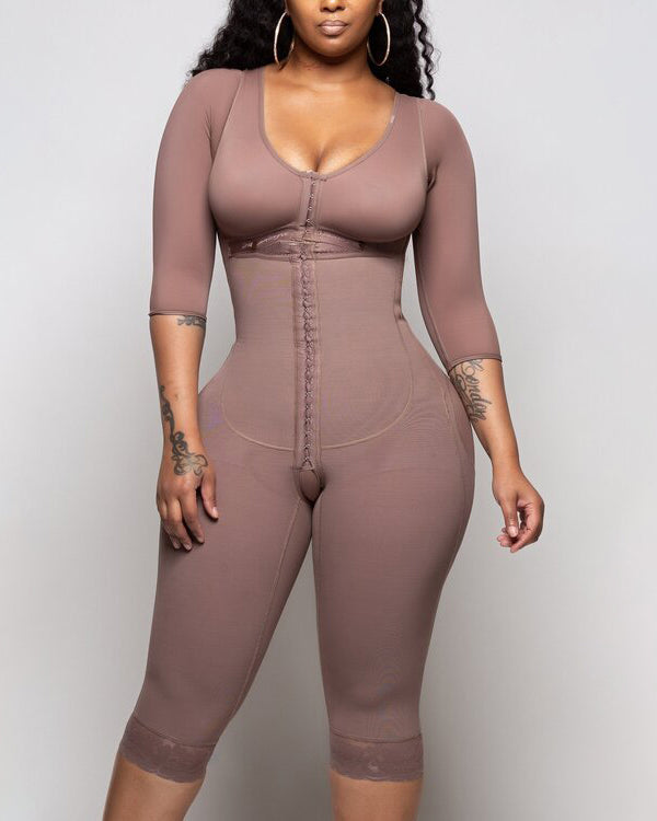 Bodyshaper For Women Hook And Eye Closure Long Sleeve Tummy Control  Breast Support Bodysuit Shapewear-Curvy-Faja