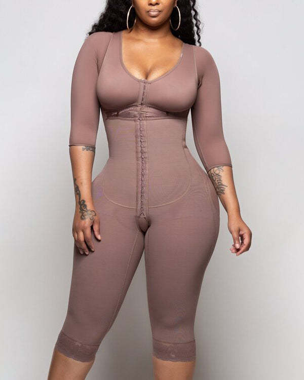 Bodyshaper For Women Hook And Eye Closure Long Sleeve Tummy Control  Breast Support Bodysuit Shapewear-Curvy-Faja