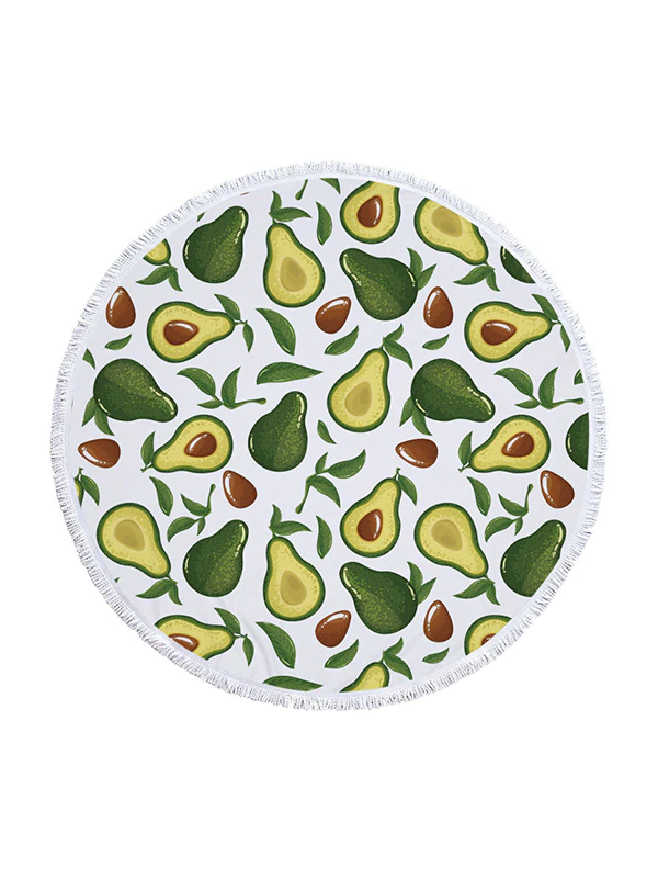 Avocado Print Round Shape Tasseled Soft Beach Mat-Curvy-Faja