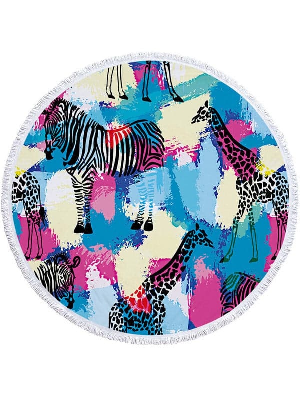 Stylish Animal Printed Round Shape Tasseled Soft Beach Mat-Curvy-Faja