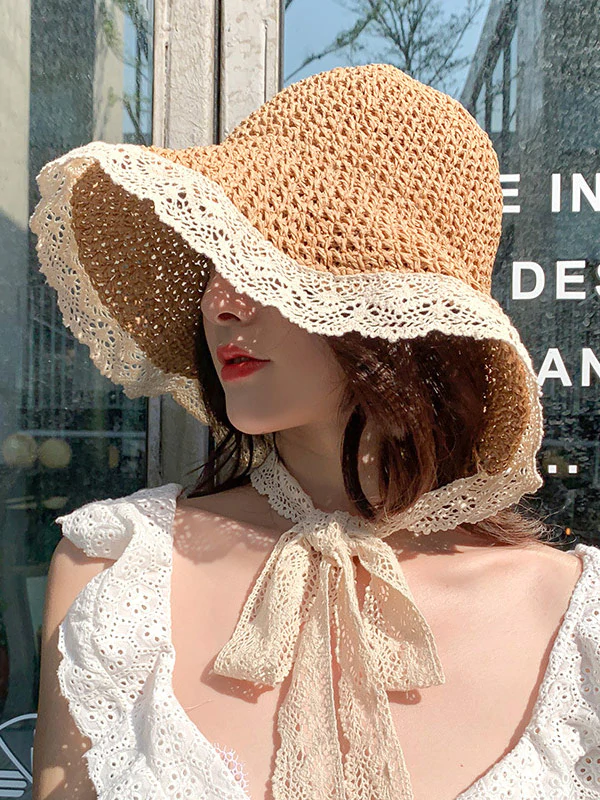 Sunscreen Solid Color Split-Joint Lace Straw Woven Breathable Beach Hat-Curvy-Faja