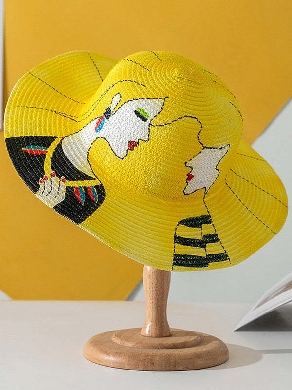 Parent-Child Lovely Straw Hand Drawn Doodle Painted Cartoon Painting Sunscreen Hat-Curvy-Faja