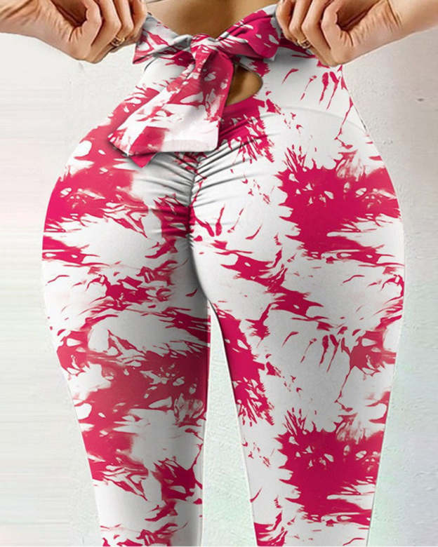 Printed Bow Design Yoga Leggings-Curvy-Faja