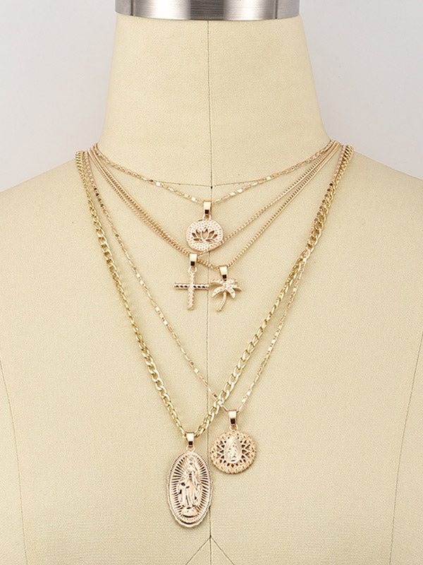 Fashion Coconut Tree Portrait Embossed Pendant Multilayer Necklace-Curvy-Faja