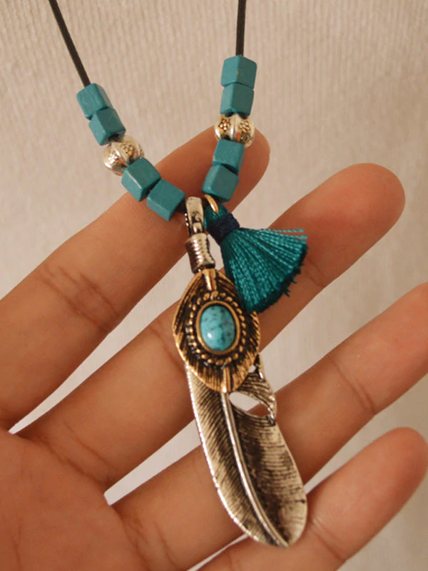 Vintage Feather Wooden Beads Tassel Long Necklace-Curvy-Faja