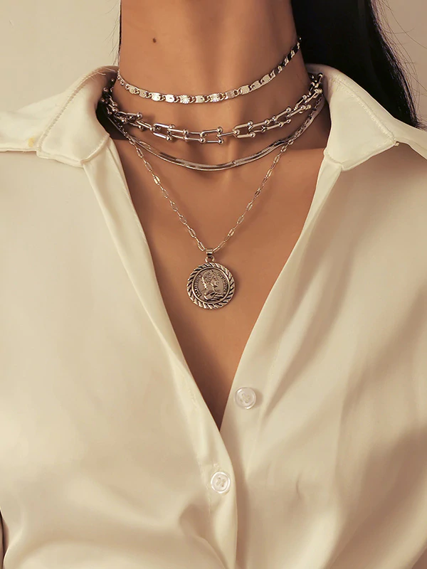 Embossed Portrait Pendant Geometric Chain Retro Multilayer Necklace-Curvy-Faja