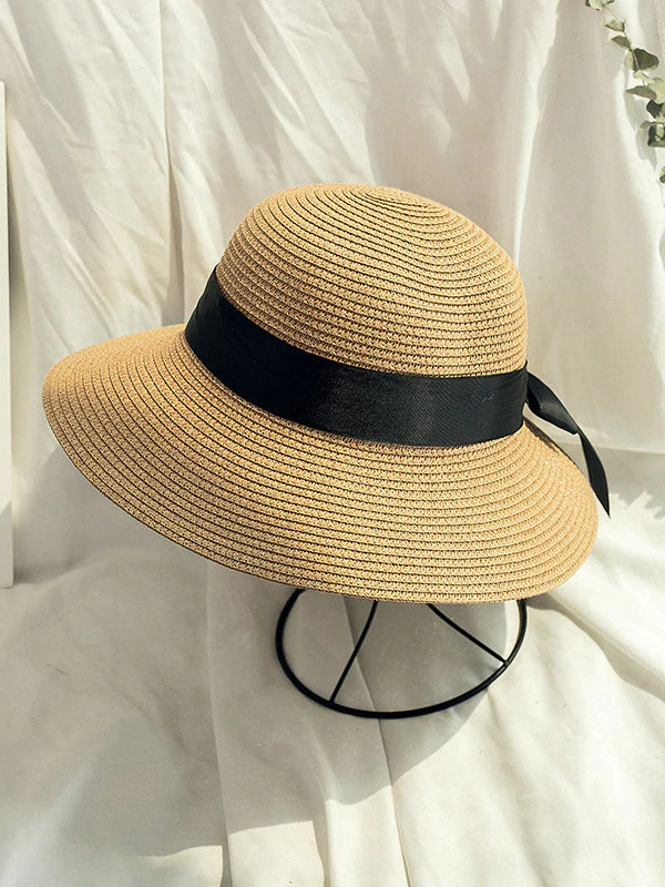 Sunscreen Straw Bow-Knot Woven Breathable Foldable Beach Hat-Curvy-Faja