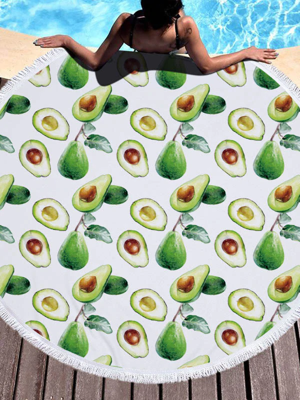 Avocado Print Round Shape Tasseled Soft Beach Mat-Curvy-Faja