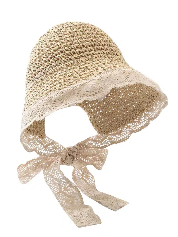 Sunscreen Solid Color Split-Joint Lace Straw Woven Breathable Beach Hat-Curvy-Faja