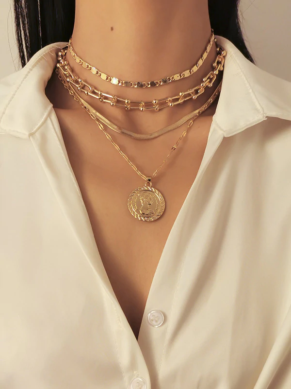 Embossed Portrait Pendant Geometric Chain Retro Multilayer Necklace-Curvy-Faja