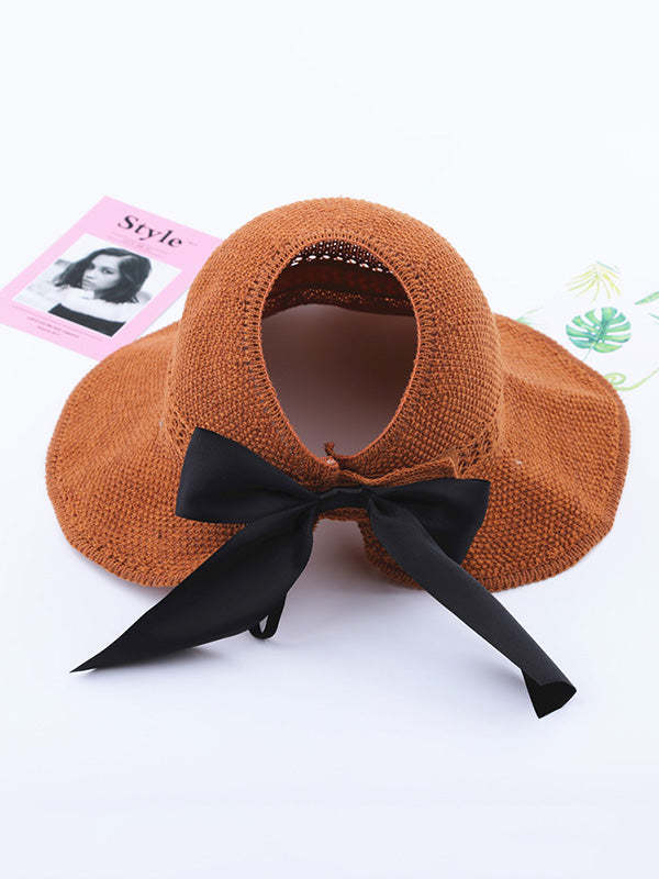 Solid Color Sunscreen Bow-Knot Straw Woven Breathable Foldable Hat-Curvy-Faja
