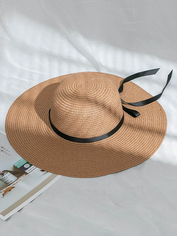 Sunscreen Solid Color Straw Bow-Knot Woven Breathable Beach Hat-Curvy-Faja