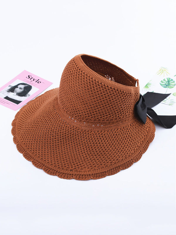 Solid Color Sunscreen Lace-Up Straw Woven Breathable Foldable Hat-Curvy-Faja