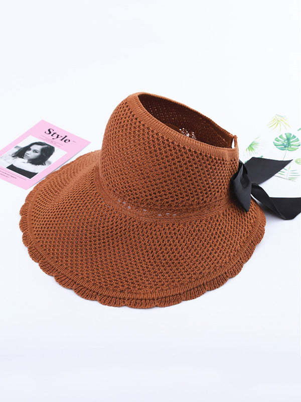 Solid Color Sunscreen Lace-Up Straw Woven Breathable Foldable Hat-Curvy-Faja