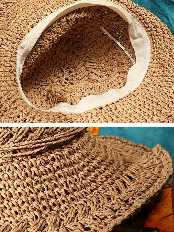 Sunscreen Solid Color Straw Woven Hollow Breathable Foldable Hat