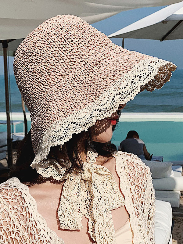 Sunscreen Solid Color Split-Joint Lace Straw Woven Breathable Beach Hat-Curvy-Faja