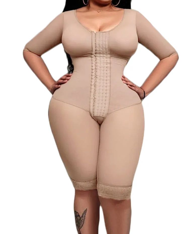 Full Body Support Arm Compression With Built In Bra Half Sleeve Mid Leg Bodysuit-Curvy-Faja