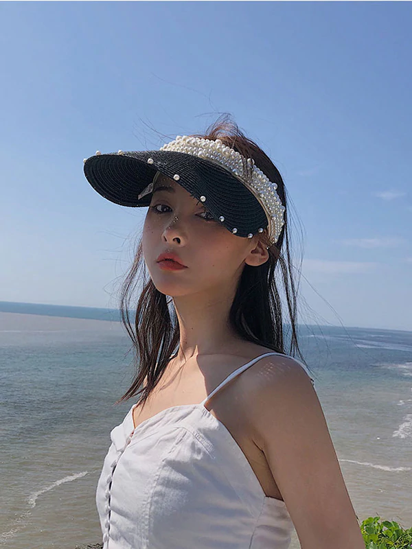 Beaded Decorated Sunscreen Straw Woven Breathable Cap-Curvy-Faja